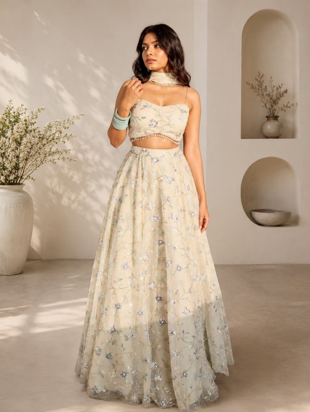 Stylish Tabby Silk Off-White Lehenga Choli - Size 8